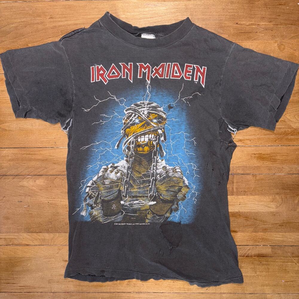 VTG 1984 Iron Maiden Powerslave World Slavery Tour Concert T-Shirt 80s Thrashed